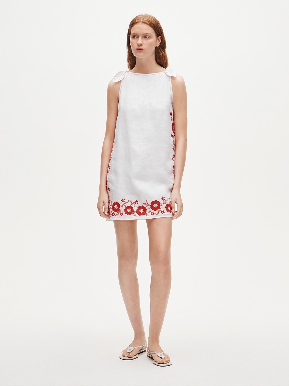 J. Crew Sadie Linen Embroidered Red Floral Sleeveless Tie Strap Dress - Picture 9 of 11